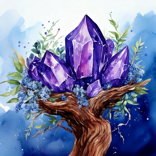 Des pierres d'améthystes posés sur un tronc d'arbre. fond bleu style aquarelle